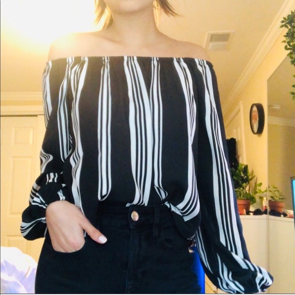 bleuh ciel Tops - Navy off-the-shoulder striped top